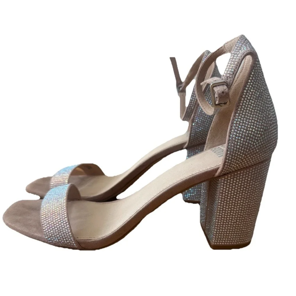 Madden NYC Rhinestone Sandals Block Heel Iridescent Silver Dressy‎ Size 8